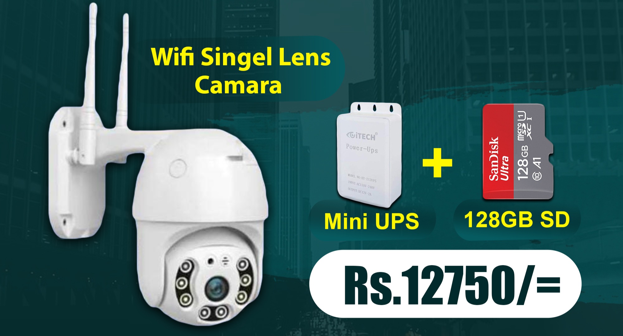Wifi Single Lense CCTV Camera With Mini UPS & Memory Card (128GB)