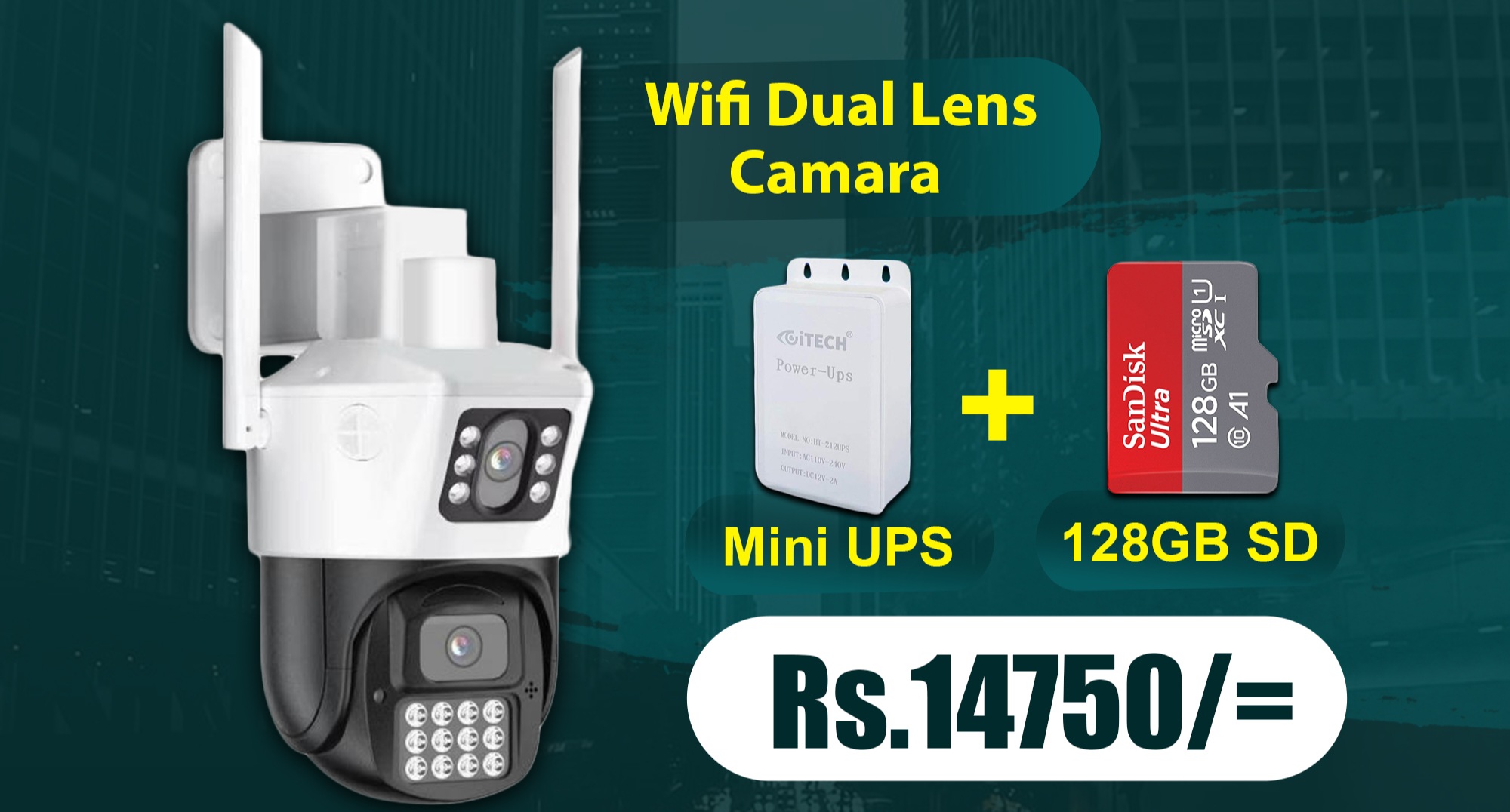 Wifi Dual Lense CCTV Camera with Mini UPS & Memory Card (128GB)