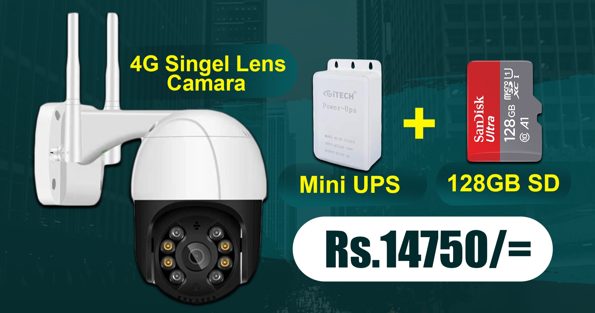 4G Sibgle Lense CCTV Camera with Mini UPS & Memory Card (128GB)